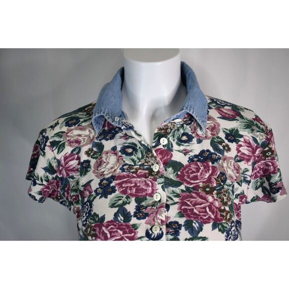 Vintage Lajate Button Up Collared Crop Tee Shirt Floral Flowers Womens Large - Picture 2 of 8